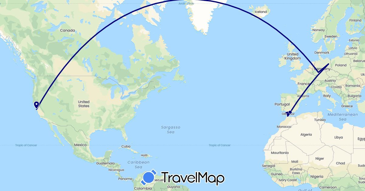 TravelMap itinerary: driving in Germany, Spain, Morocco, United States (Africa, Europe, North America)